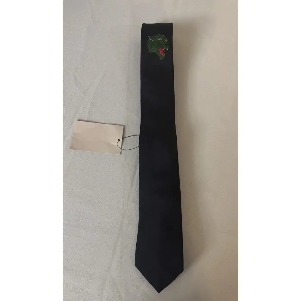 NWT Gucci Panther Appliquéd Silk & Wool Blend Navy Blue Underknot Tie $250.00